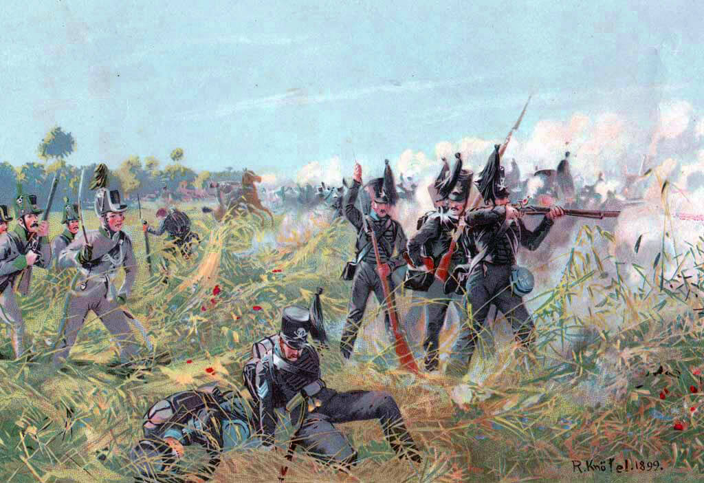 Brunswickers at the Battle of Quatre Bras on 16th June 1815 during the Napoleonic Wars: picture by Richard Knötel
