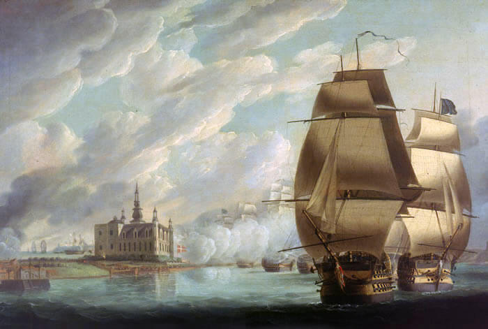 Admiral Nelson forcing the Passage of the Sound before the Battle of Copenhagen on 2nd April 1801 in the Napoleonic Wars: picture by Robert Dodd