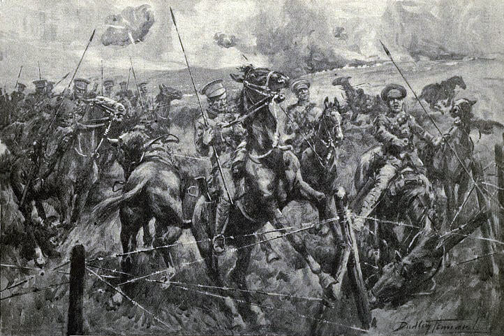 9th Lancers encounter a barbed wire fence in the course of their charge: First Day of the Retreat from Mons and the Battle around Elouges and Audregnies, fought on 24th August 1914 in the First World War