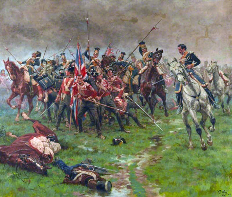 Polish Lancers attacking the Colour Party of the 3rd Buffs at the Battle of Albuera on 16th May 1811 in the Peninsular War: picture by William Barnes Wollen