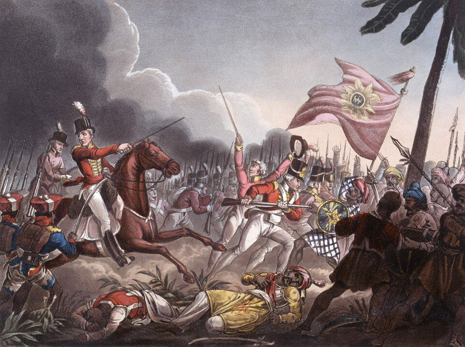 General Arthur Wellesley, later the Duke of Wellington, leading the British attack at the Battle of Assaye on 23rd September 1803 during the Second Mahratta War in India: picture by J.C. Stadler