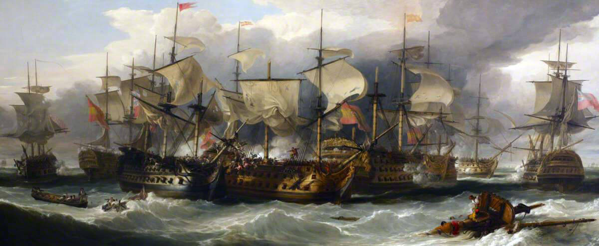 HMS Captain alongside San Nicholas and San Josef at the Battle of Cape St Vincent on 14th February 1797 in the Napoleonic Wars: picture by William Allan