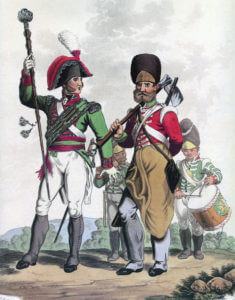 Drum Major, Pioneer and Drummers of a British Regiment of Infantry: Battle of Busaco on 27th September 1810 in the Peninsular: picture by Charles Hamilton Smith