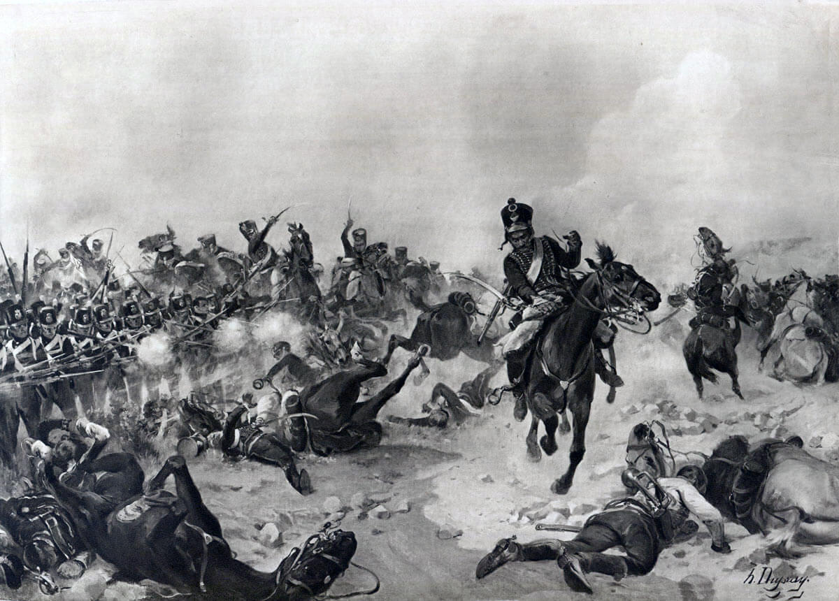 The British Light Division under attack by French cavalry at the Battle of Fuentes de Oñoro 3rd to 5th May 1811 in the Peninsular War: picture by Henri Dupray