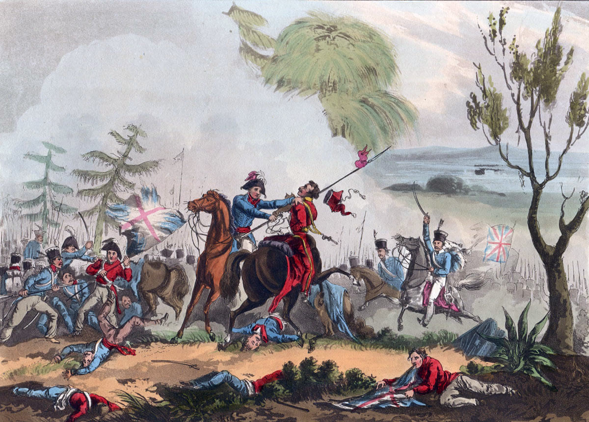 General Beresford throwing the Polish Lancer from his horse at the Battle of Albuera on 16th May 1811 in the Peninsular War: picture by William Heath