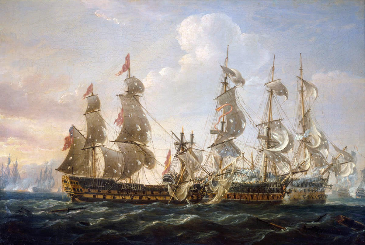 HMS Captain attacking the San Nicolas and the San Josef at the Battle of Cape St Vincent on 14th February 1797 in the Napoleonic Wars