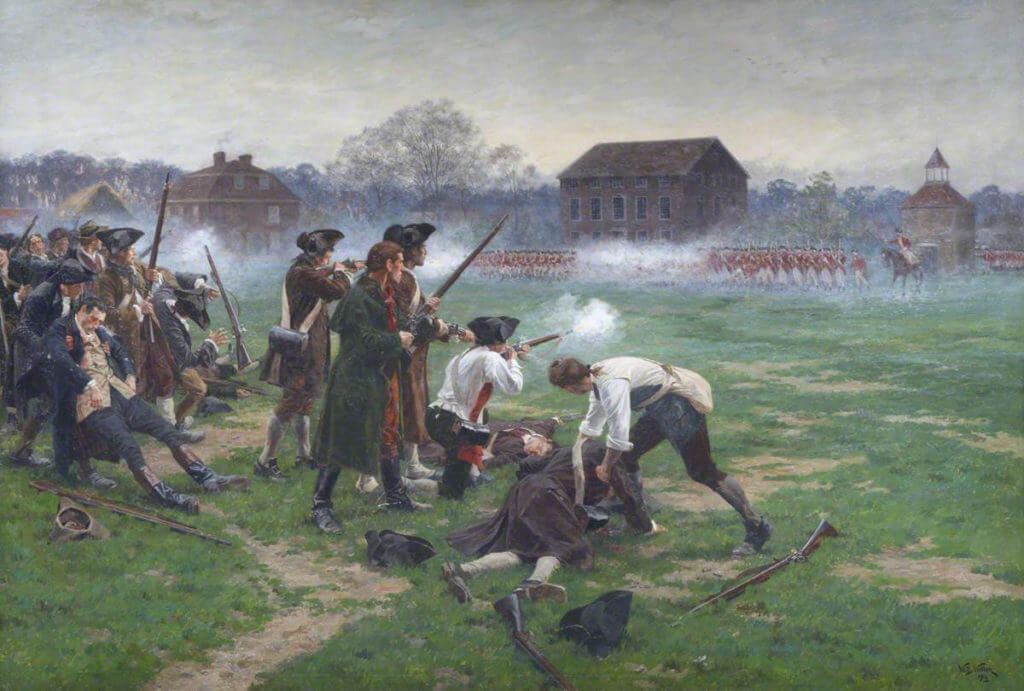 Battle on Lexington Green: Battle of Lexington and Concord 19th April 1775 American Revolutionary War: picture by William Barnes Wollen