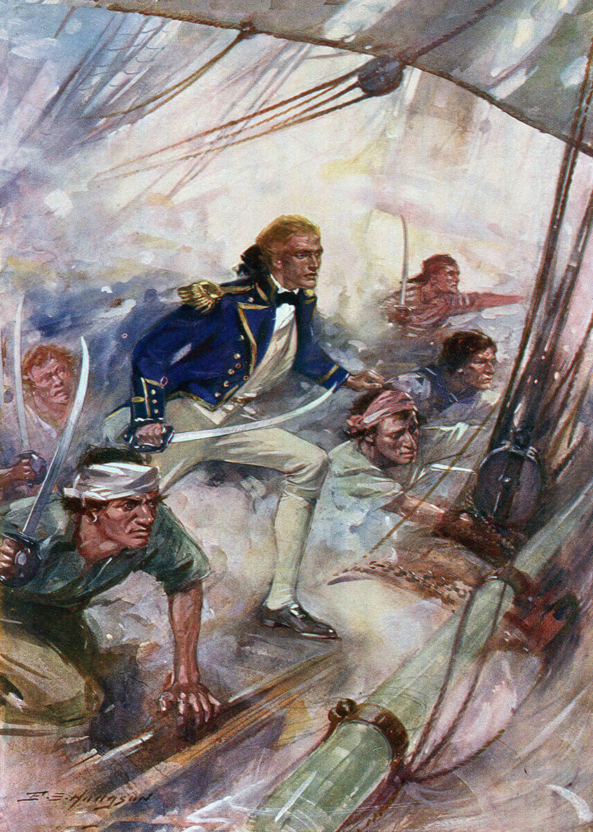 Nelson boarding the San Josef at the Battle of Cape St Vincent on 14th February 1797 in the Napoleonic Wars: picture by E.S. Hodgson