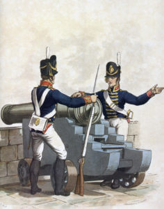 Royal Artillery gunners: Battle of Talavera on 28th July 1809 in the Peninsular War: picture by Charles Hamilton Smith