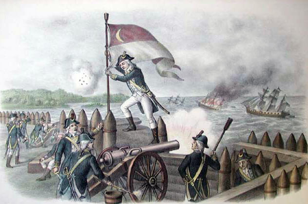Sergeant William Jasper fastening the South Carolina flag at the Battle of Sullivan's Island on 28th June 1776 in the American Revolutionary War