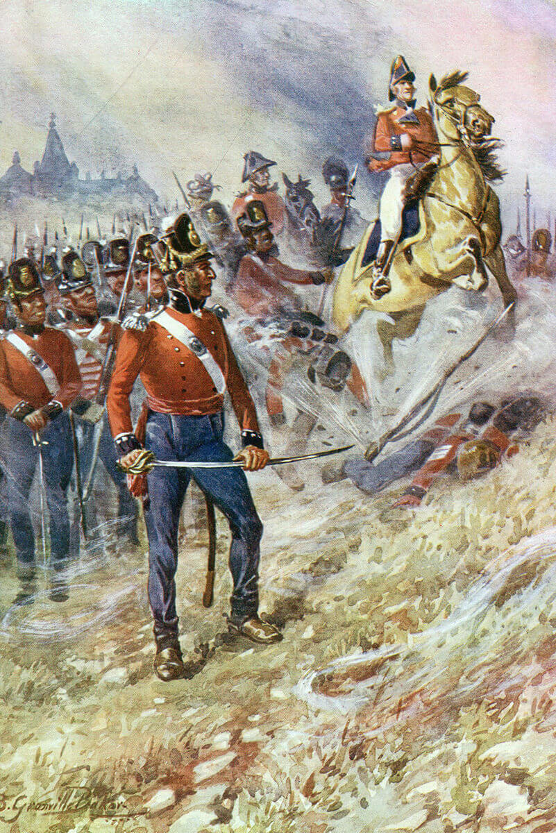 Sir John Moore and the British army at the Battle of Corunna on 16th January 1809 in the Peninsular War: picture by R. Granville Baker