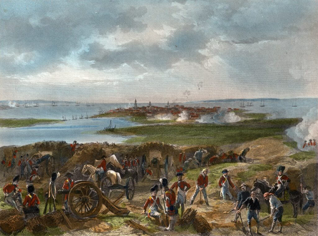 British siege works on the Neck during the siege of Charleston April and May 1780 in the American Revolutionary War: Charleston lies in the distance; the American defensive line on the Neck is marked by the gun shots: the American ships lie in the mouth of the Cooper River in the middle left with the British ships in the background and in the entrance to the Ashley River on the right
