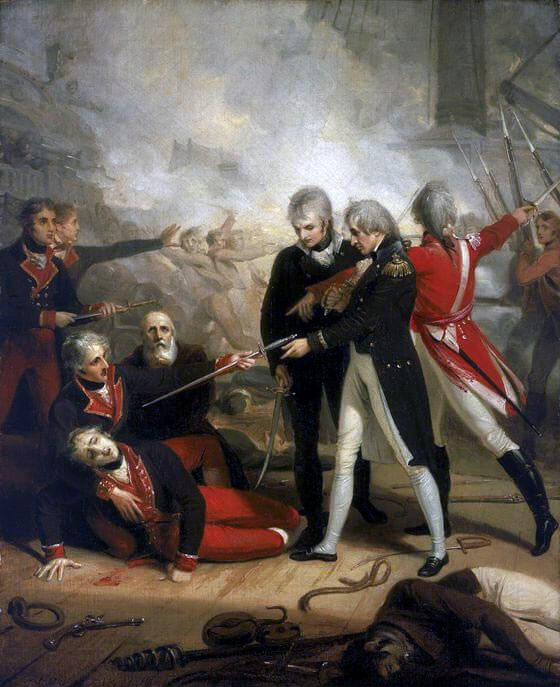 Nelson accepting the surrender of the San Nicolas at the Battle of Cape St Vincent on 14th February 1797 in the Napoleonic Wars: picture by R. Golding