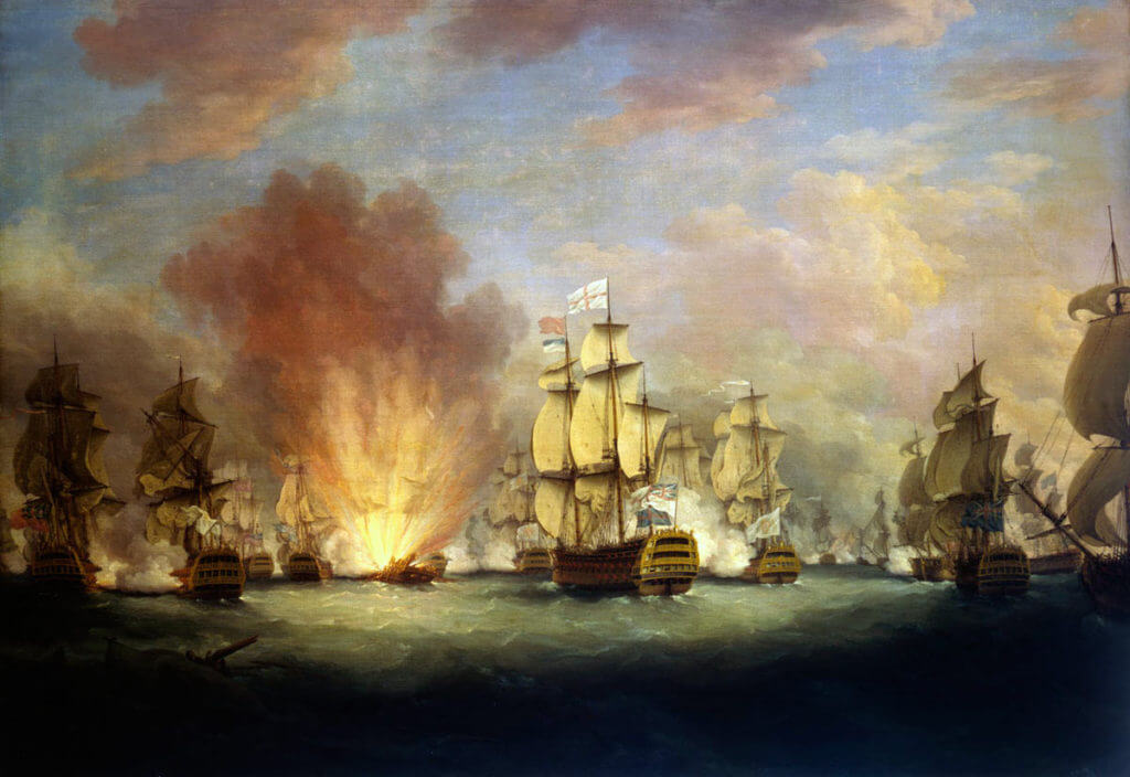 'The Moonlight Battle' at Cape St Vincent on 16th January 1780 in the American Revolutionary War: picture by Richard Paton: Rodney’s flagship HMS Sandwich is in the foreground with the Spanish ship San Domingo exploding to the front of Sandwich