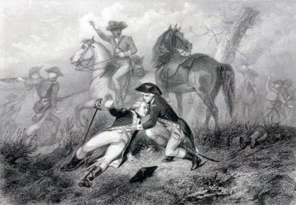 Wounding of the Marquis de Lafayette at the Battle of Brandywine Creek on 11th September 1777 in the American Revolutionary War: picture by Charles Henry Jeans