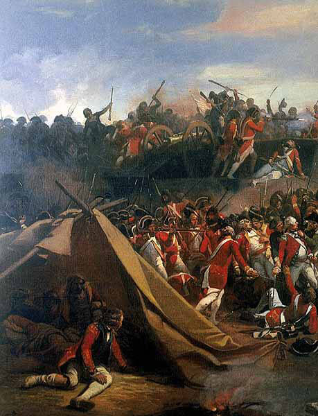 The Americans storming the redoubts on 14th October 1781 during the Battle of Yorktown in the American Revolutionary War