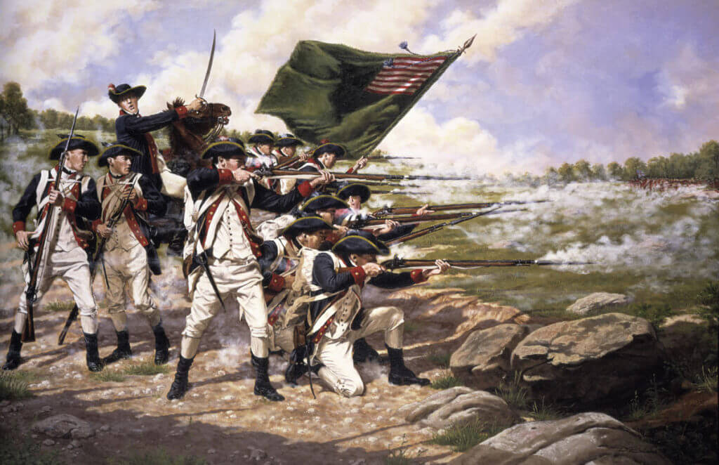 American Continental troops, Delaware Regiment, at the Battle of Long Island on 27th August 1776 in the American Revolutionary War: picture by Domenick D'Andrea