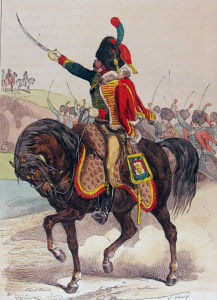 French Hussar of the Imperial Guard: Battle of Fuentes de Oñoro 3rd to 5th May 1811 in the Peninsular War: picture by Hippolyte Belangé