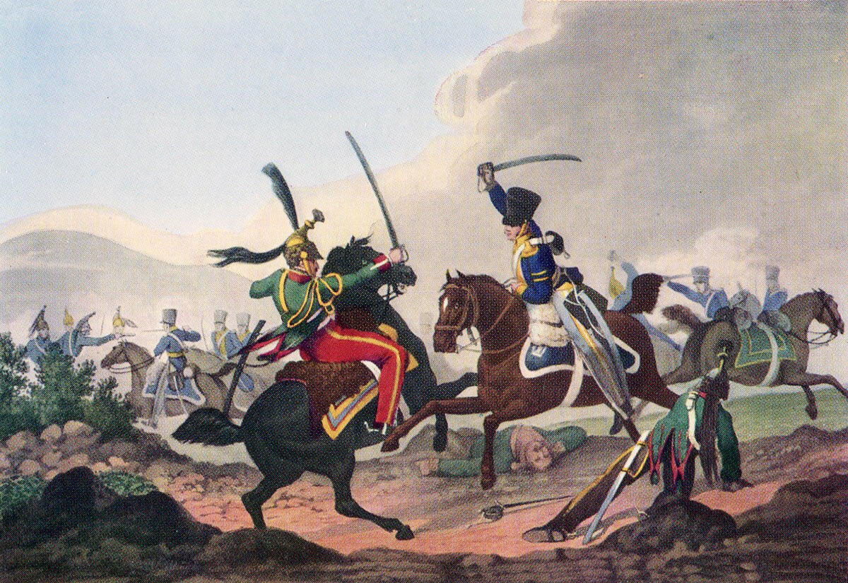 Corporal Logan of the British 13th Light Dragoons killing Colonel Count Charmarin of the French 26th Dragoons during the Battle of Albuera on 16th May 1811 in the Peninsular War