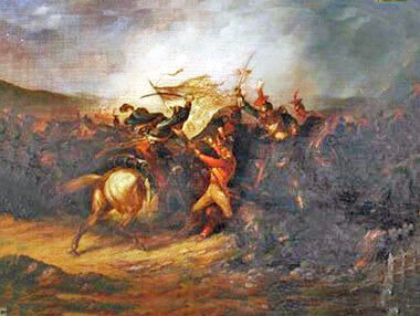 Lieutenant Latham defending the King's Colour of 3rd Old Buffs: Battle of Albuera on 16th May 1811 in the Peninsular War: picture by Major Thomas S. Seccombe