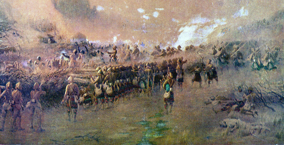 Battle of Atbara on 8th April 1898 in the Sudanese War: picture by Corporal John Farquharson of 1st Seaforths: 1st Seaforth Highlanders pass through the ranks of 1st Queen’s Own Cameron Highlanders, to storm the Dervish zeriba