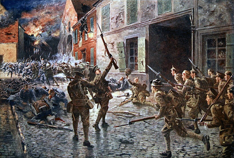 Coldstream Guards at the Battle of Landrecies on 25th August 1914 in the First World War: picture by William Barnes Wollen