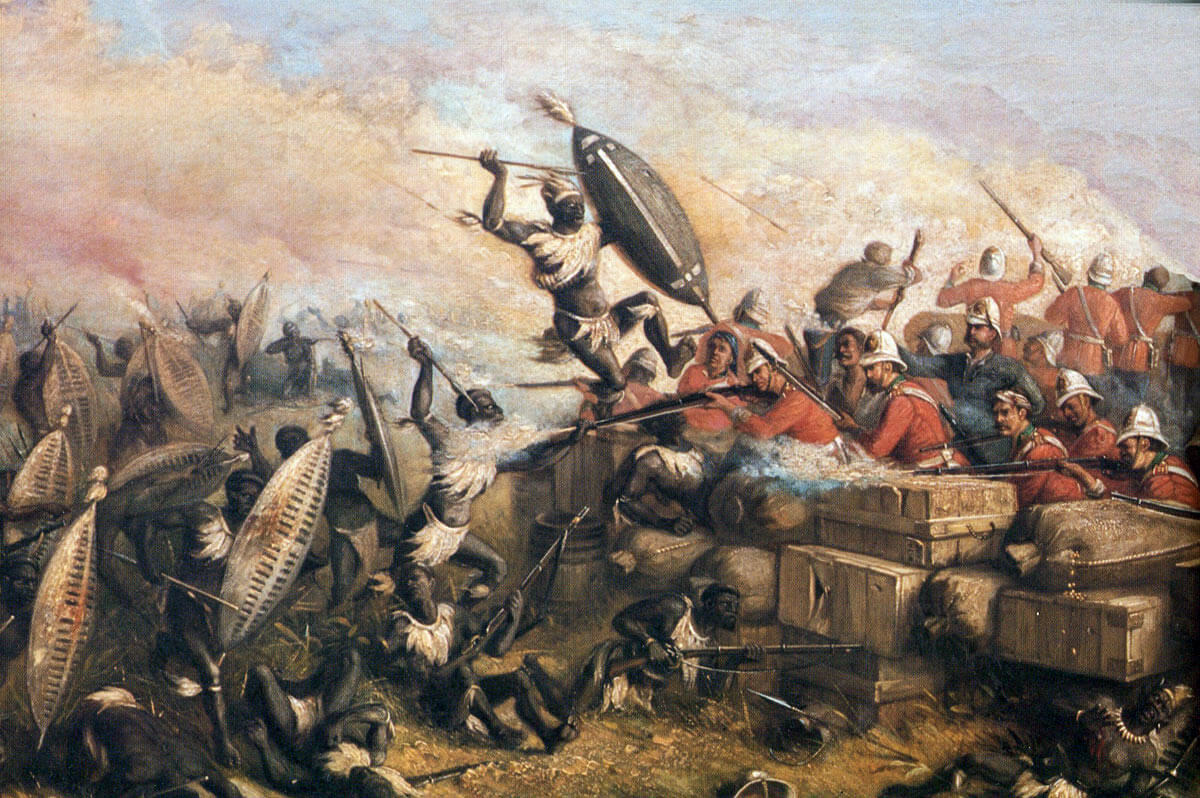 Zulu warriors attacking the mealie bag wall at Rorke's Drift on 22nd January 1879 in the Zulu War