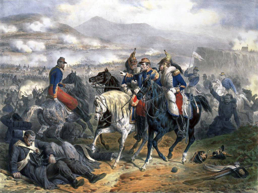 Marshal Saint-Arnaud at the Battle of the Alma on 20th September 1854 during the Crimean War: Saint-Arnaud was near to death from illness: picture by Belangé