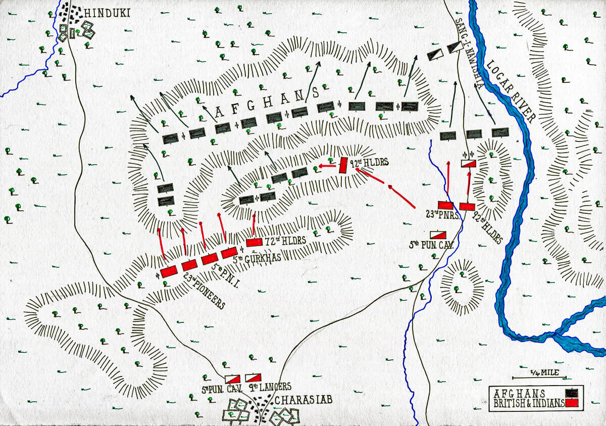 Map of the Battle of Charasiab on 9th October 1879 in the Second Afghan War: map by John Fawkes