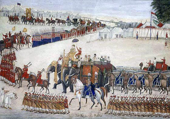 Military procession with a regiment of British Light Dragoons and British and Indian infantry: Battle of Ferozeshah on 22nd December 1845 during the First Sikh War