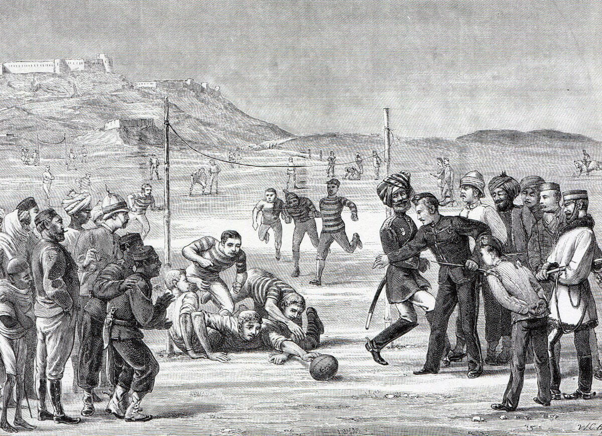 Soldiers of the British 59th Regiment playing rugby at Khelat-i-Ghilzai during the march to Kabul: Battle of Ahmed Khel on 19th April 1880 in the Second Afghan War