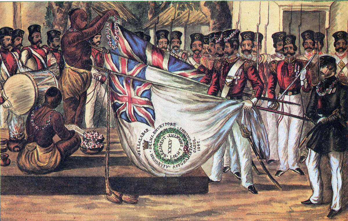 Bengal Native Infantry blessing their colours before the Regimental Brahmin: Battle of Chillianwallah on 13th January 1849 during the Second Sikh War