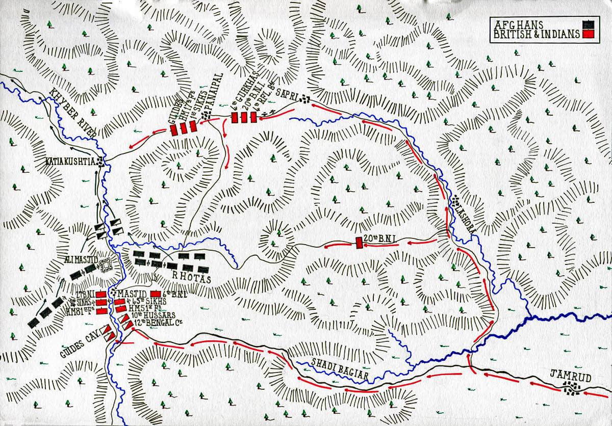 Map of the Battle of Ali Masjid on 21st November 1878 in the Second Afghan War: map by John Fawkes