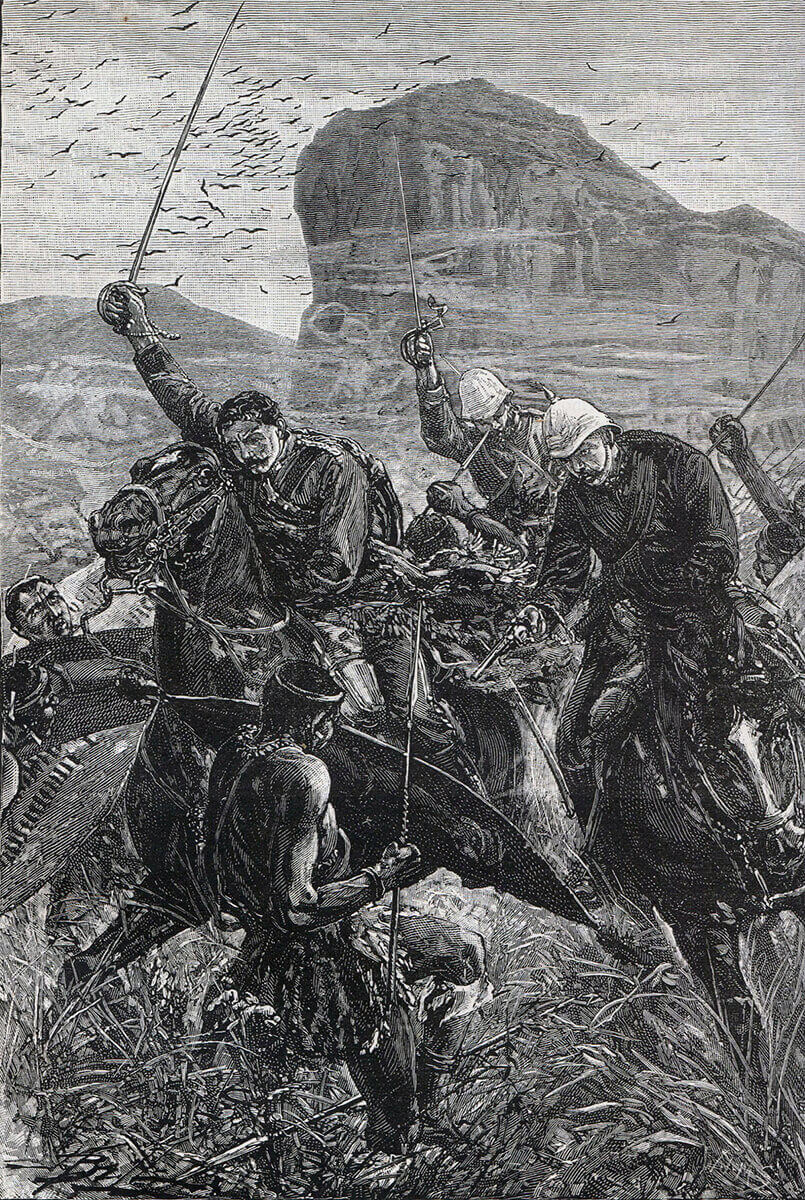 Escape of Lieutenants Melville and Coghill with the Queen's Colour of the 24th Regiment at the Battle of Isandlwana on 22nd January 1879 in the Zulu War