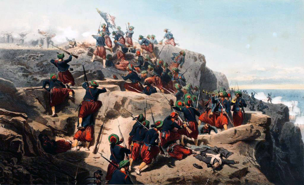 French Zouaves storming the heights at the Battle of the Alma on 20th September 1854 during the Crimean War