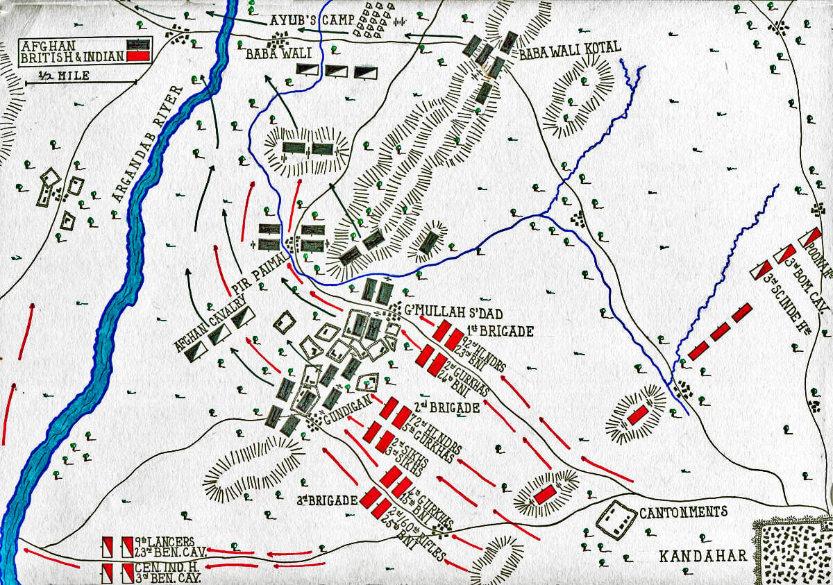 Map of the Battle of Kandahar on 1st September 1880 in the Second Afghan War: map by John Fawkes