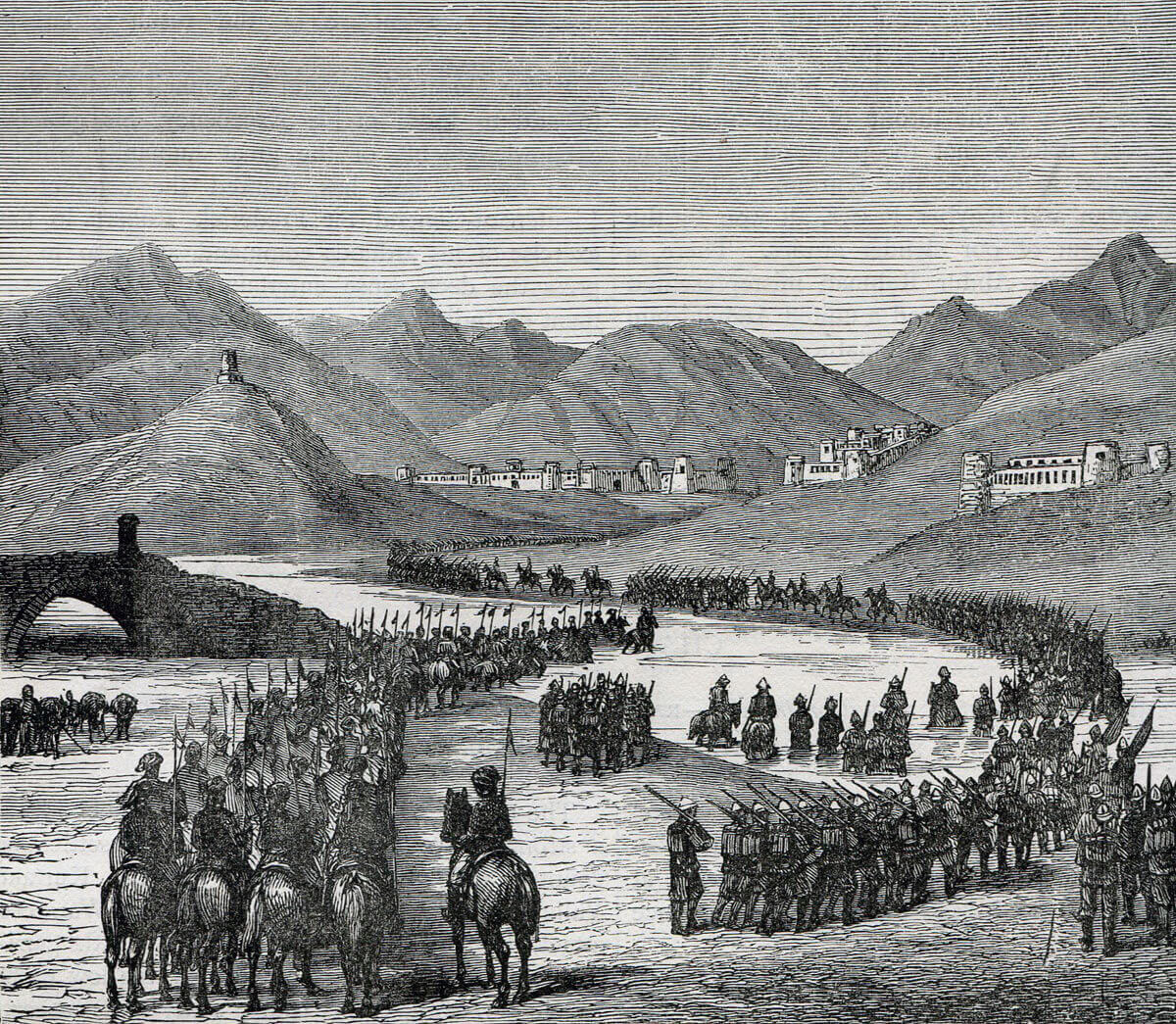 General Ross's division crossing the Logar River, marching to meet General Stewart's division: Battle of Ahmed Khel on 19th April 1880 in the Second Afghan War