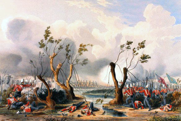 British infantry attacking at the Battle of Chillianwallah on 13th January 1849 during the Second Sikh War