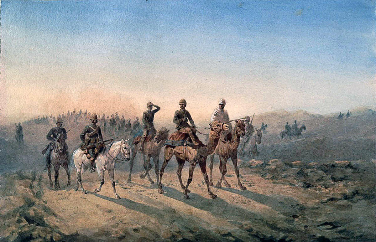 Camel Corps and 19th Hussars crossing the desert: Battle of Abu Klea on 17th January 1885 in the Sudanese War: picture by Orlando Norie