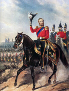 Duke of Cambridge with the Grenadier Guards in the background: Battle of the Alma on 20th September 1854 during the Crimean War: print by Ackermann