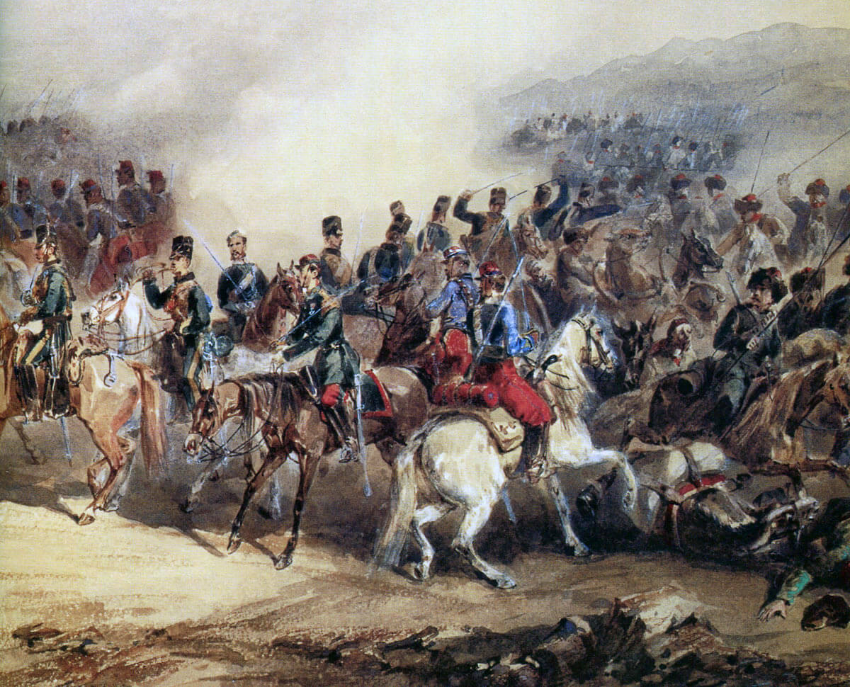 British 10th Hussars and French Chasseurs D'Afrque driving back the Russians at the Battle of the Tchernaya: Siege of Sevastopol September 1854 to September 1855: picture by Orando Norie