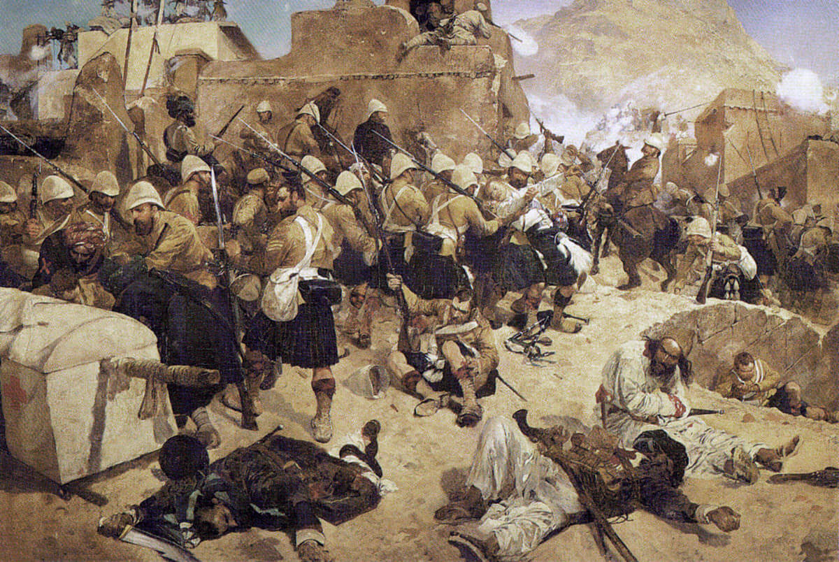 92nd Highlanders attacking Gaudi-Mullah-Sahibdad during the Battle of Kandahar on 1st September 1880 in the Second Afghan War