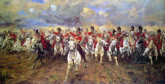 "Scotland for ever!" Lady Butler's iconic picture of the Charge of the Royal Scots Greys, 2nd Dragoons, as part of the Union Brigade at the Battle of Waterloo on 18th June 1815.