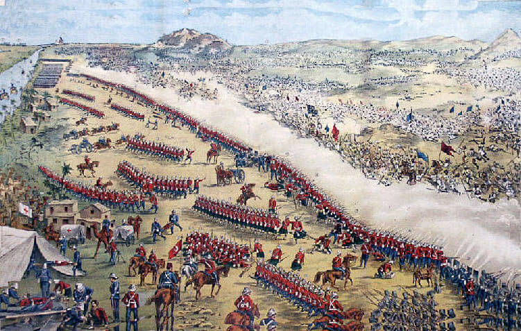 Battle of Omdurman on 2nd September 1898: a contemporary Victorian propaganda print showing the Main Dervish attack on the trench line along the River Nile backed by the Nile steamers