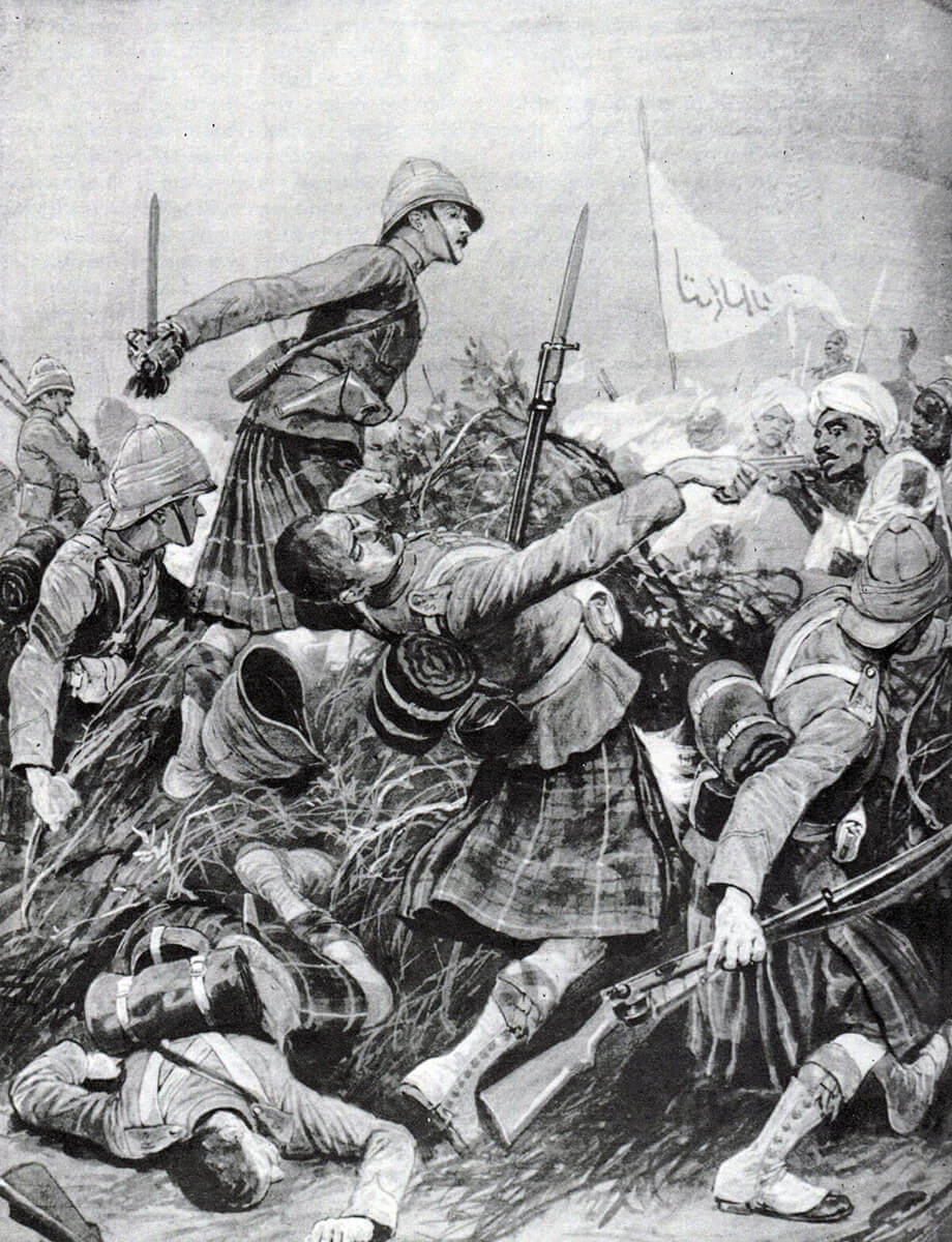 Seaforth Highlanders storming the Dervish zeriba at the Battle of Atbara on 8th April 1898 in the Sudanese War: print by Richard Caton Woodville