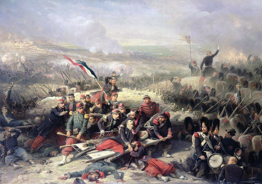 French troops storming the Malakhov on 8th September 1855 : Siege of Sevastopol September 1854 to September 1855: picture by Adolphe Yvon