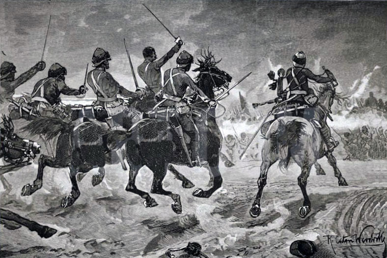 19th Hussars capturing the Abu Klea Wells at the Battle of Abu Klea on 17th January 1885 in the Sudanese War: picture by Richard Caton Woodville