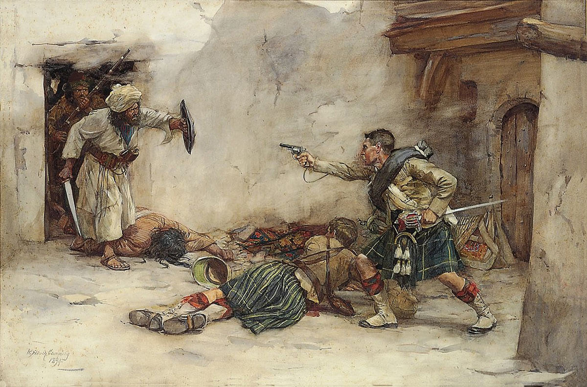 Lieutenant Menzies of the 92nd Highlanders defended by Drummer Roddick during the Battle of Kandahar on 1st September 1880 in the Second Afghan War: picture by Skeoch Cumming