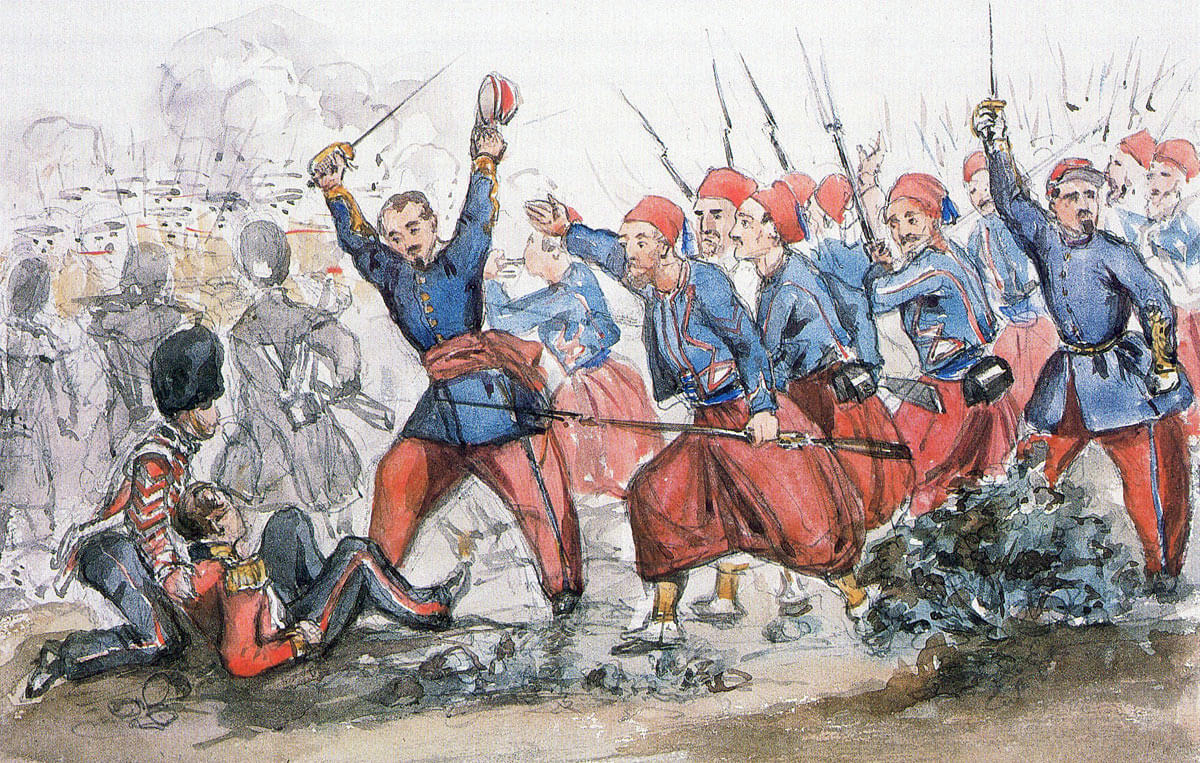French Zouaves coming to the relief of the British Guards at the Battle of Inkerman on 5th November 1854 in the Crimean War