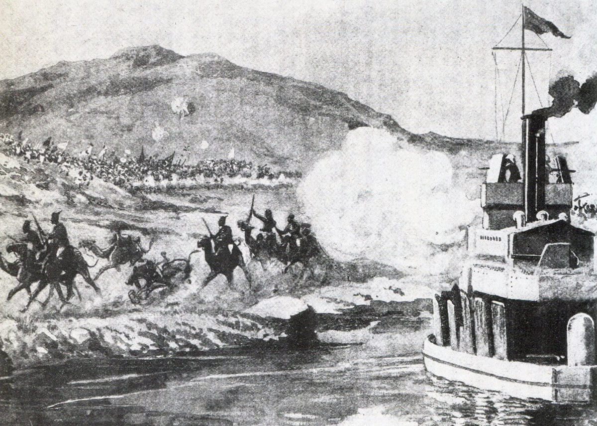 River Nile gunboat firing in support of the Camel Corps at the Battle of Omdurman on 2nd September 1898 in the Sudanese War